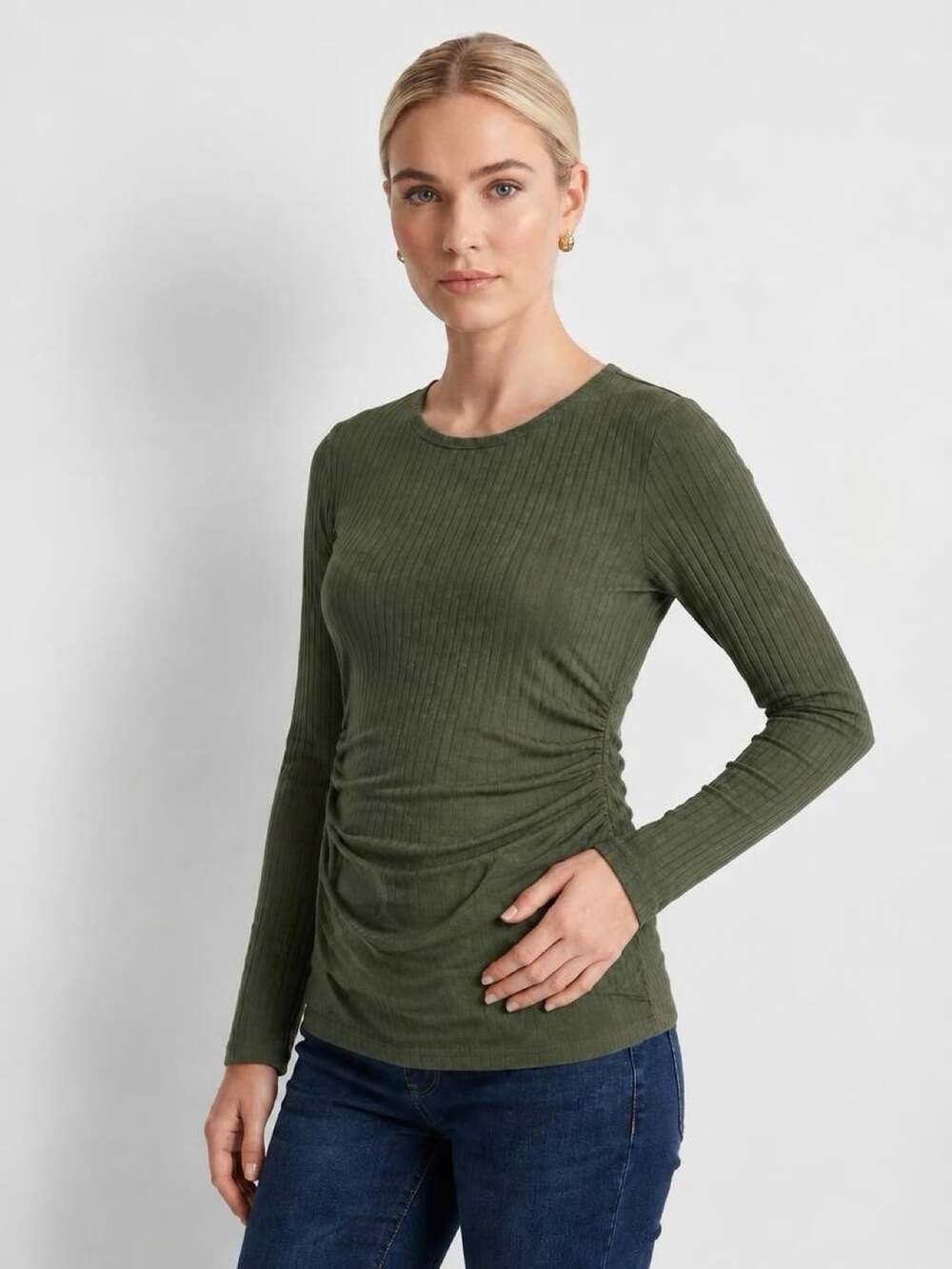 Ekouaer Long Sleeve Maternity Top Size L Green Ribbed Ruched